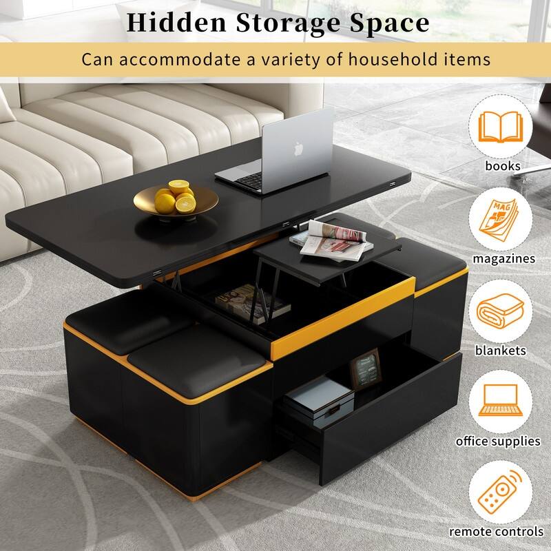 Lift-Top Coffee Table with 4 Storage Stools, Modern Space Saving Center Table with Foldable Top