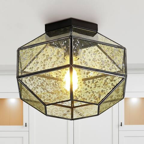 Bee 12.5" 1-Light Vintage Farmhouse Iron/Glass LED Flush Mount, Oil Rubbed Bronze by JONATHAN Y - 1 Light