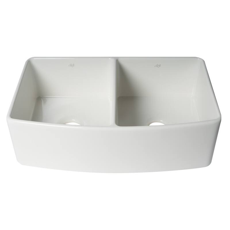 ALFI Brand White Smooth Curved Apron 33" x 20" Double Bowl Fireclay Farm Sink with Grid