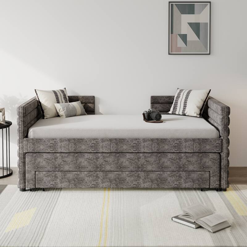 Double Upholstered Daybed with Trundle and 3 Storage Drawers - Grey