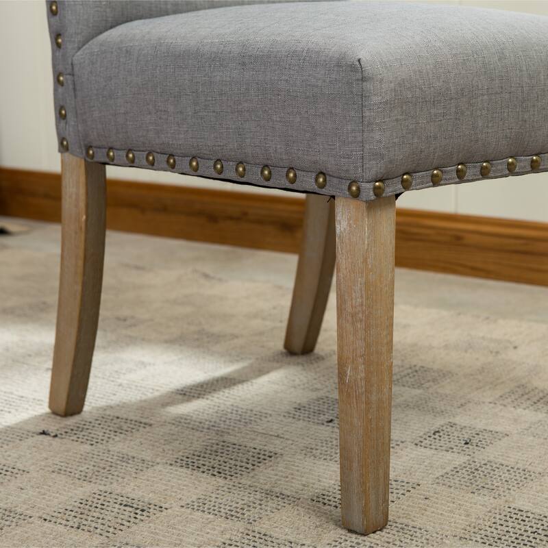 Nailhead Tan Fabric Padded Parson Chair, Solid Wood Dining Chairs Set of 2, Kitchen Dining Room Furniture Dining Chairs