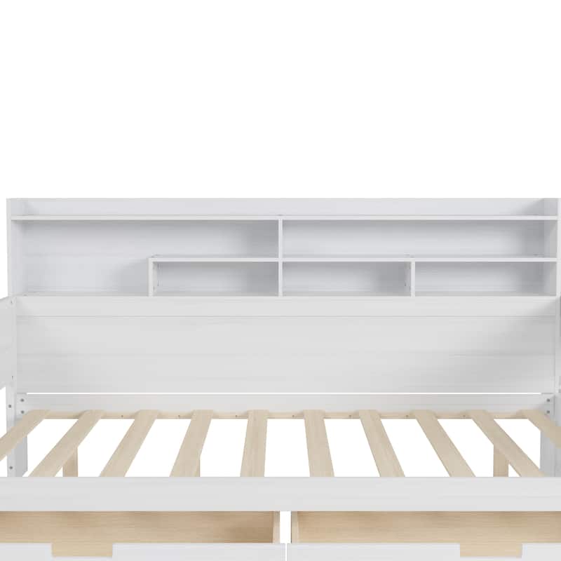 Wooden Full Size Daybed with Storage Shelves, Two Drawers & Study Desk,Antique White