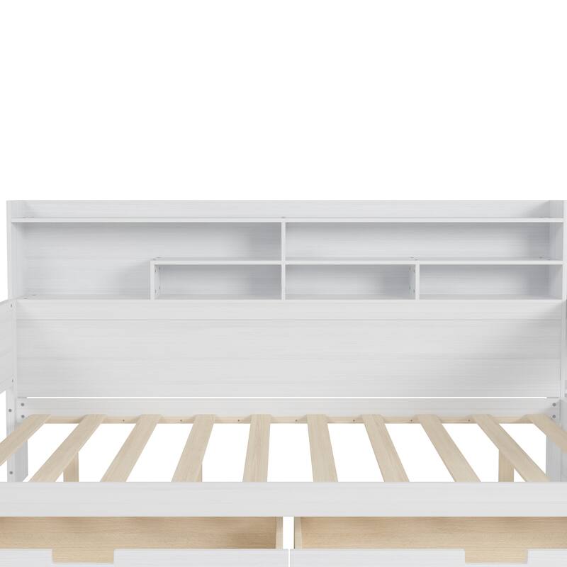 Wooden Twin Size Daybed with Storage Shelves, Multi-functional Bed with 2 Storage Drawers and Study Desk, Antique White