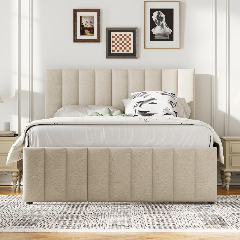 Linen Upholstered Platform Full Bed with Twin Trundle and 3 Drawers