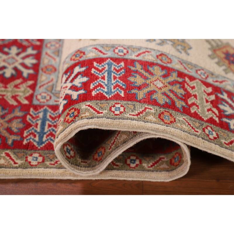 Geometric Ivory Kazak Oriental Accent Rug Hand-Knotted Wool Carpet - 3'5"x 4'11"