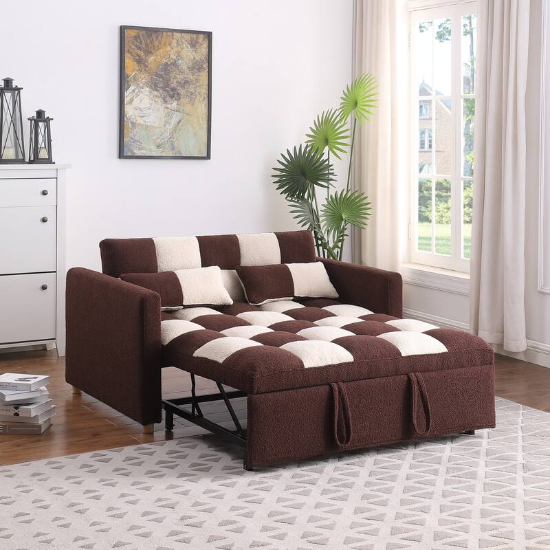 Brown Beige Convertible Sofa Bed Multifunctional Loveseat Sleeper Sofa Couch Pull-Out Sofa Bed with Metal Frame - Brown Beige
