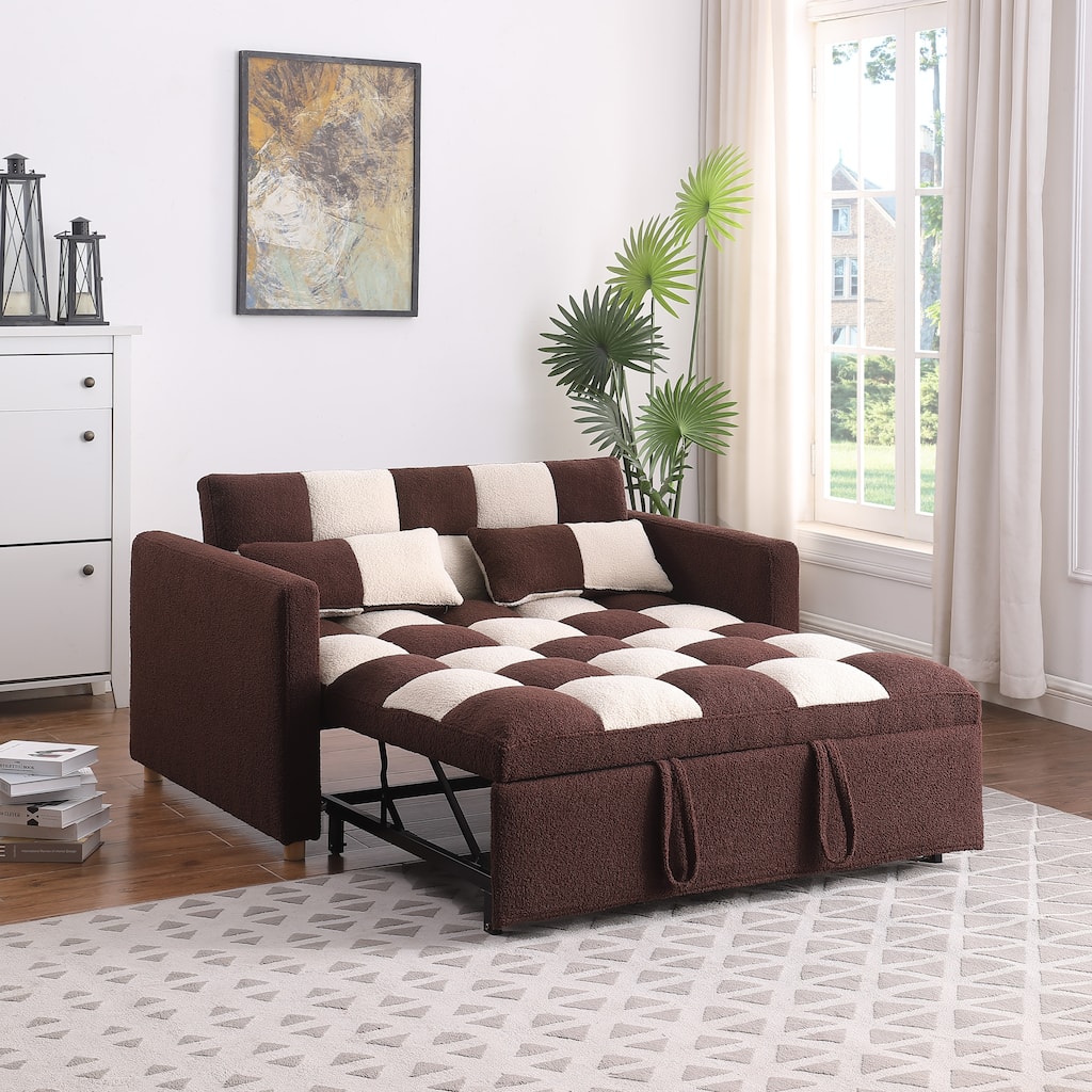 Brown Beige Convertible Sofa Bed Multifunctional Loveseat Sleeper Sofa Couch Pull-Out Sofa Bed with Metal Frame