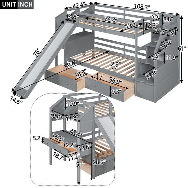 Pine Wood Twin over Twin Bunk Kids Bed Frame with Storage Staircase, Slide, Desk with Drawers & Shelves for Bedroom, Grey