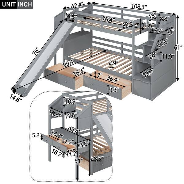 dimension image slide 0 of 2, Twin Over Twin Bunk Bed with Desk, Drawers, Storage Staircase, Slide