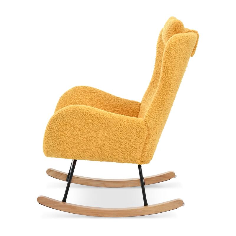 Polyester Glider Chair with Adjustable Headrest and Storage Pocket, Rubber Wood Base