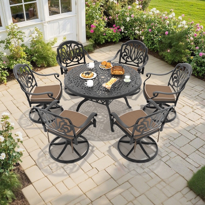 7-Piece Aluminum Round Outdoor Patio Dining Set, 6 Cushioned Swivel Chairs, Table, All-Weather Frames