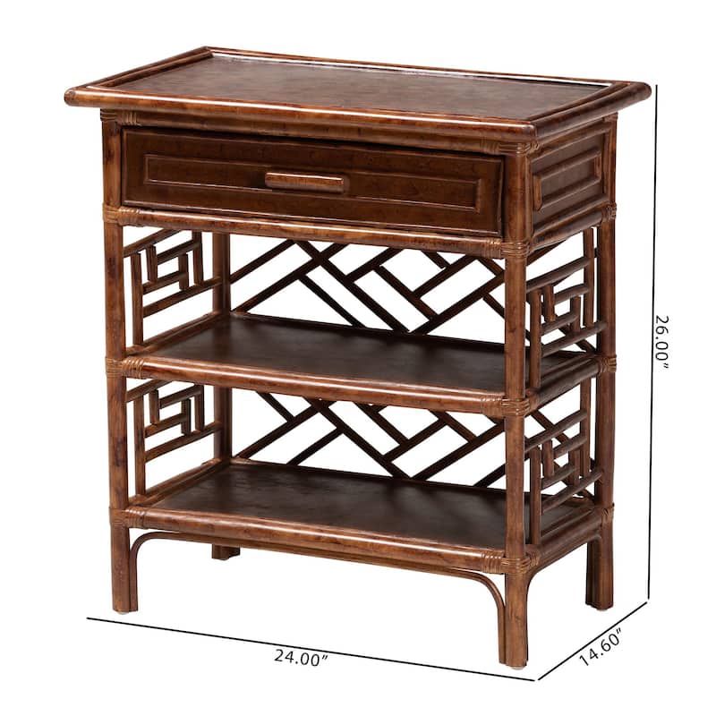 Daemyn Marbled Tortoise Natural Rattan Nightstand - Handcrafted Wicker Bedside Table with Drawer and Open Shelving