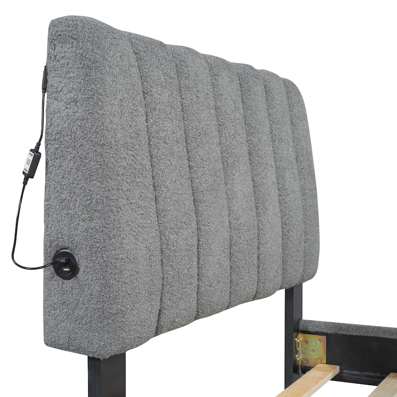 Teddy Fleece Twin Size Upholstered Platform Bed with Trundle, Beige