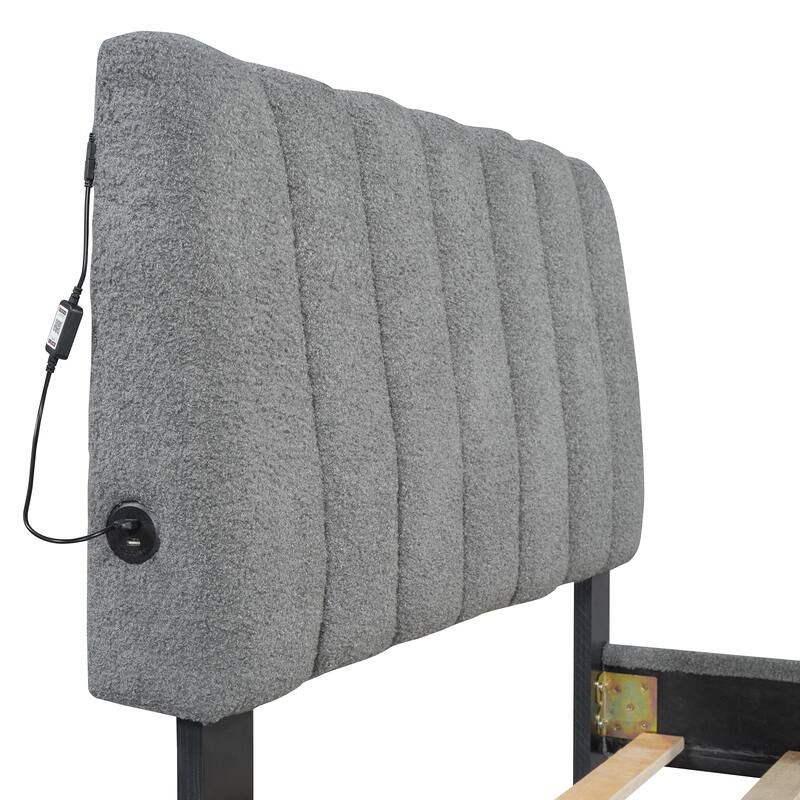 Twin Size Teddy Fleece Upholstered Platform Bed with Trundle and LED Lights, Gray