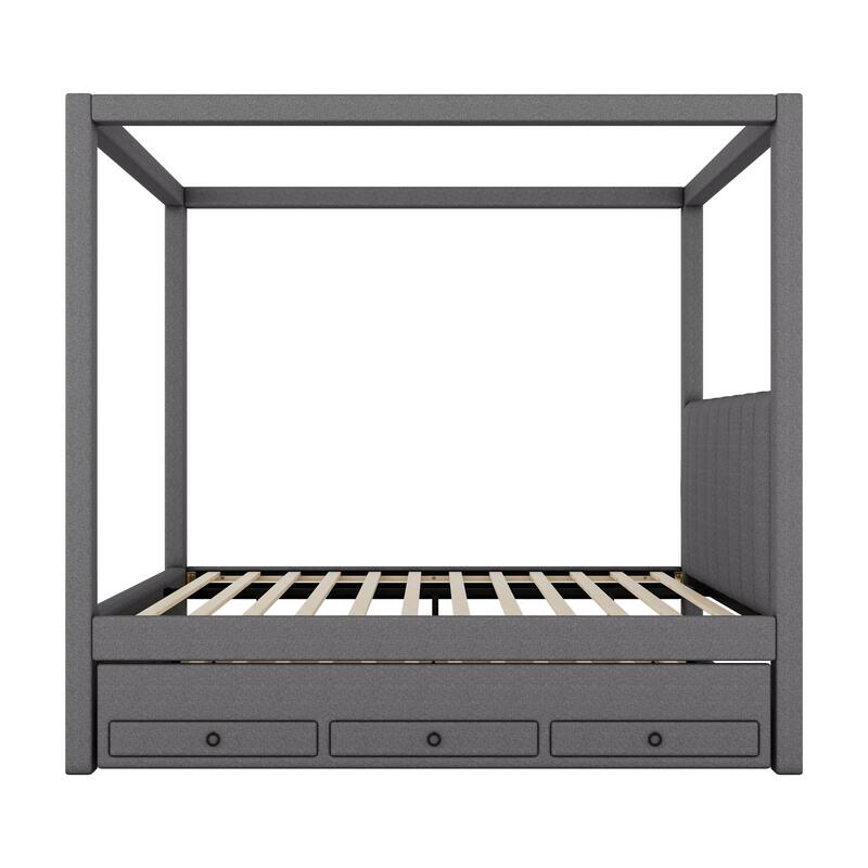 Twin/Full Size Upholstery Canopy Platform Bed with Trundle and Three Storage Drawers