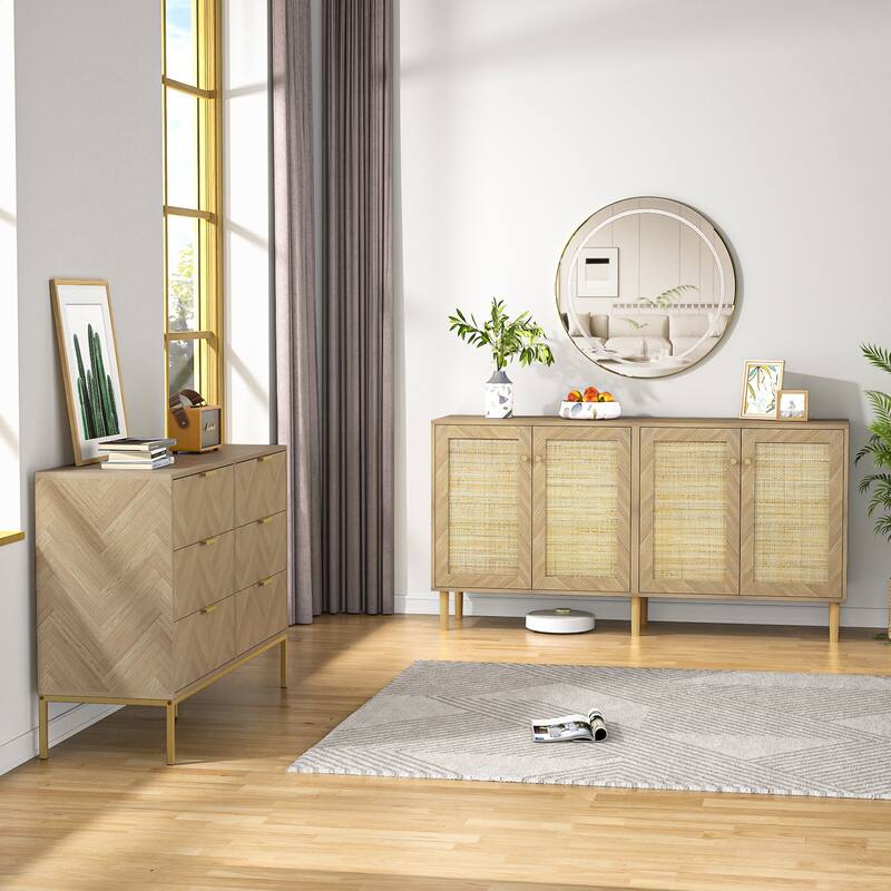 Anmytek Modern 63" W 4-Door Large Sideboard Buffet Rattan Kitchen Storage Cabinet with Adjustable Shelves