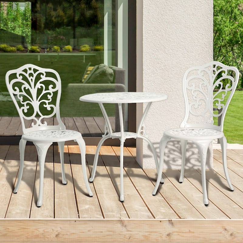 3-Piece Aluminum Outdoor Patio All Weather Butterfly Chairs and Bistro Table with Umbrella Hole - White