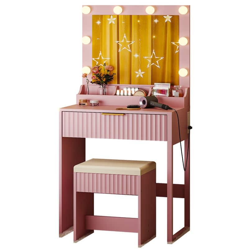 Particle Board Veneered with Textured Melamine, 1-drawer 3-compartment Dressing Table Set with 8 Three-color Dimmable Bulbs