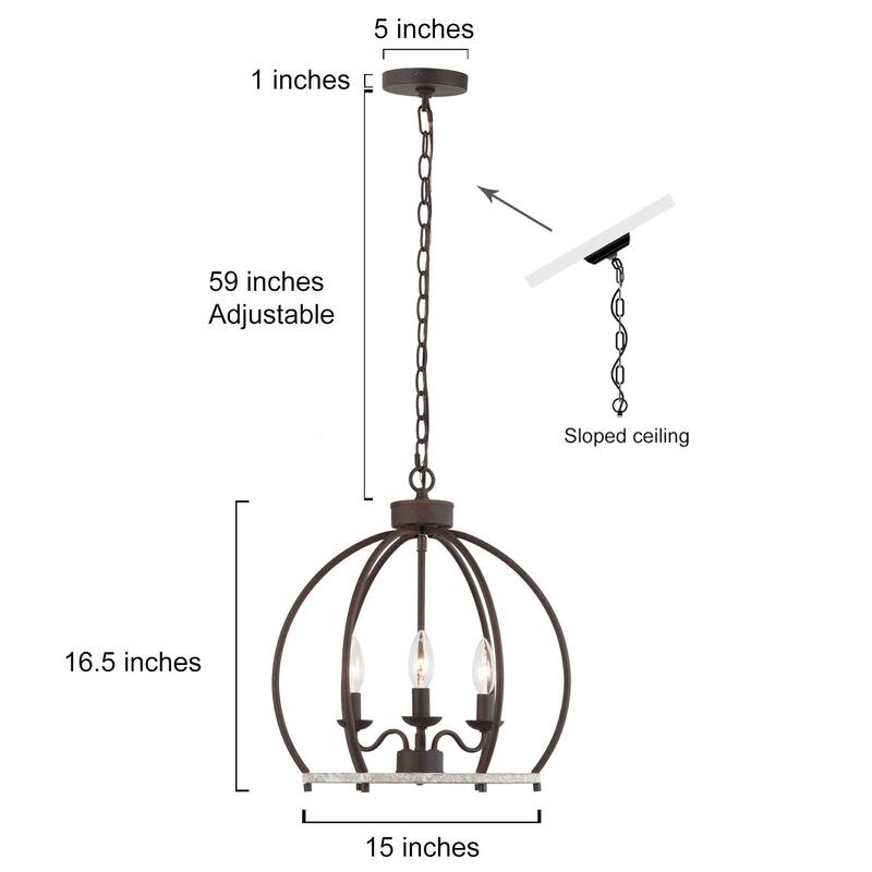 Farmhouse 3-Light Lantern Chandelier Rustic Pendant for Kithcen Island Foyer - 15'' L x 15'' W x 16.5'' H