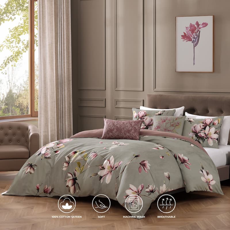 Bebejan Purple Lilies 200 Thread Count 100% Cotton Sateen 5 Piece Reversible Comforter Set