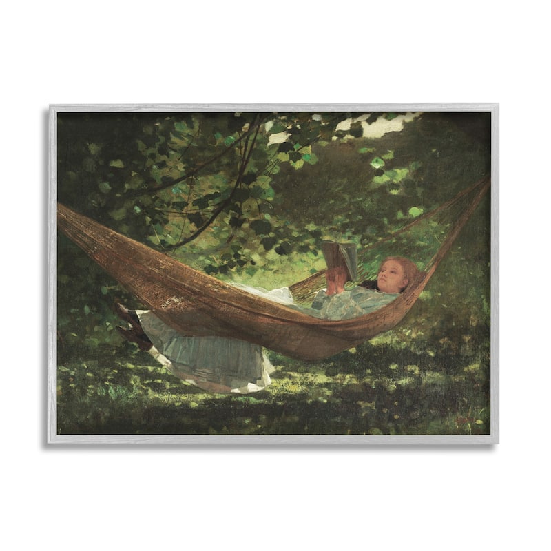 Stupell Girl Reading Book Hammock Classic Vintage Painting Framed Wall Art, Design by Lettered and Lined - Green
