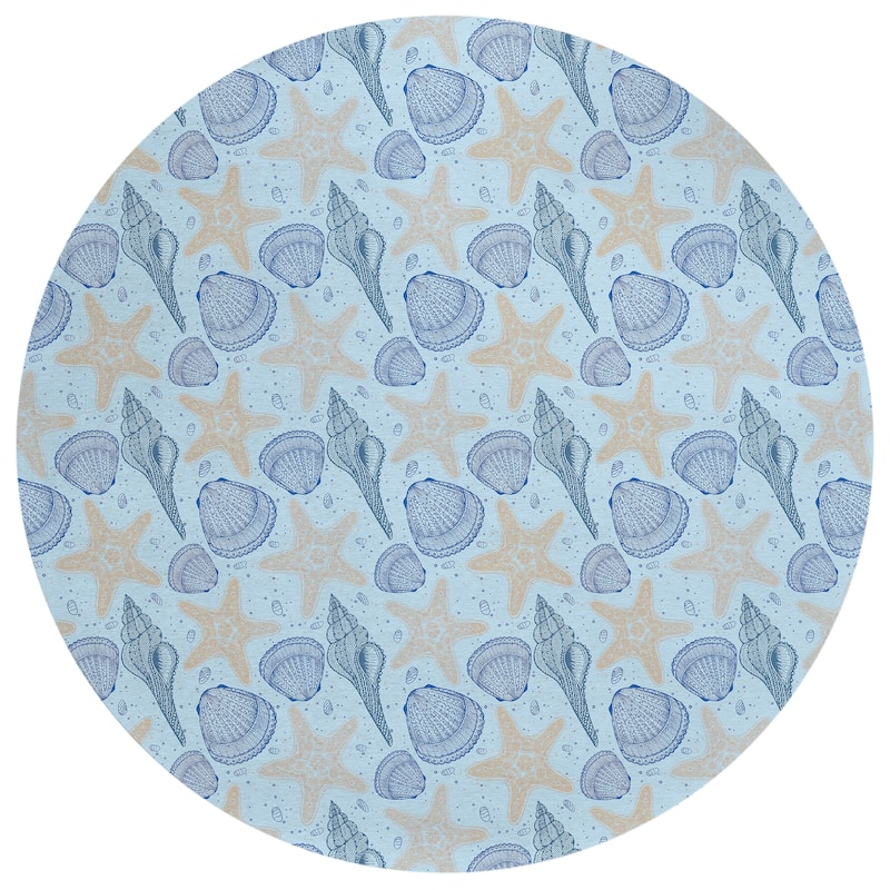 Indoor/ Outdoor Surfside Starfish Shells Washable Rug New - Blue - 8' x 8'