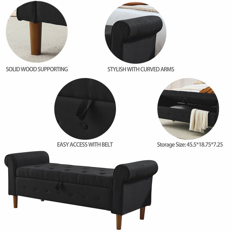 62" Bedroom Tufted Button Storage Bench, Modern Fabric Upholstered Ottoman,Window Bench,Rolled Arm Design for Bedroom