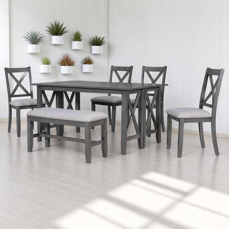 Modern 6-Piece Foldable Dining Set with Upholstered Chairs and Bench, Solid Wood Dining Table for Kitchen or Dining Room