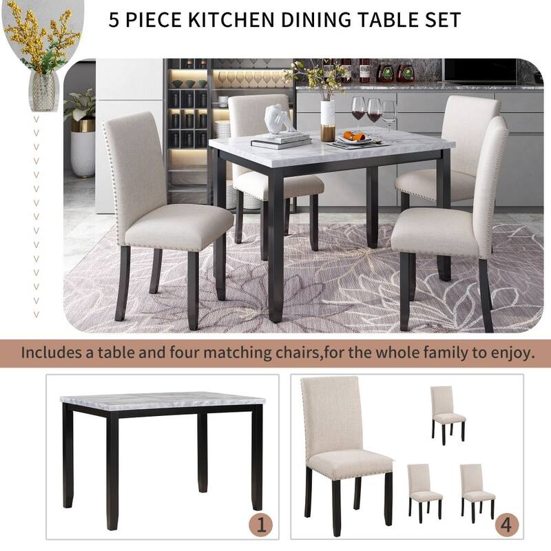 5-Piece Faux Marble Dining Set Table with 4 Thicken Cushion Dining Chairs