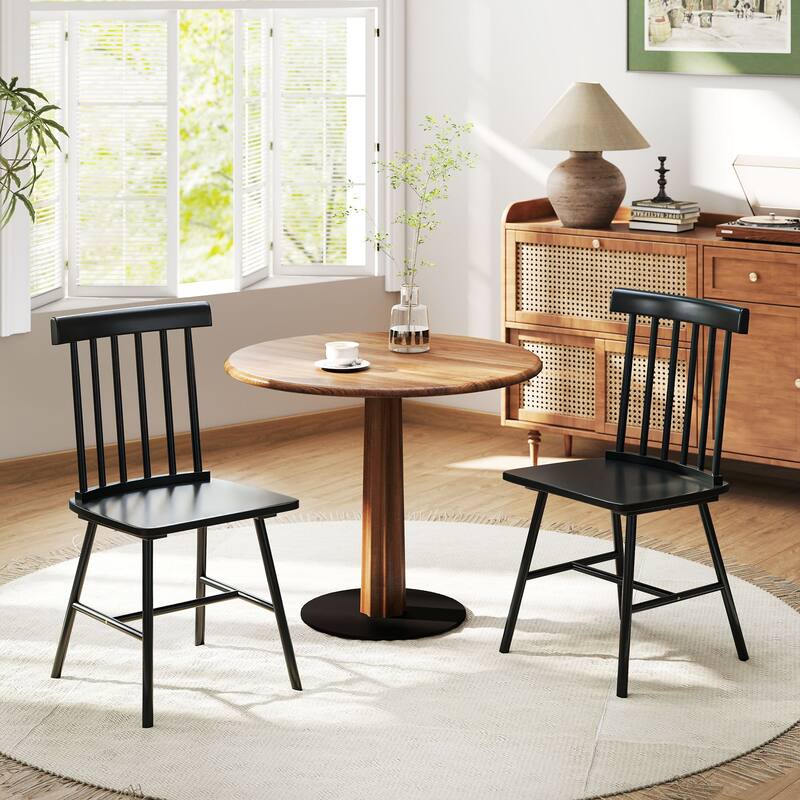 HOMCOM Windsor Dining Chairs Set of 2, Nordic Wooden Kitchen Chairs with Rubber Wood Frame Black