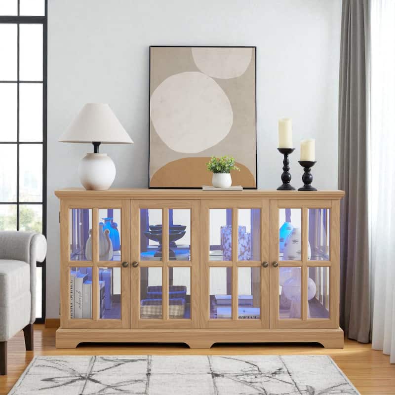 LED Antique Curio Display Cabinet with Glass Doors, Adjustable Shelves and Vintage 4-Door Design - Oak