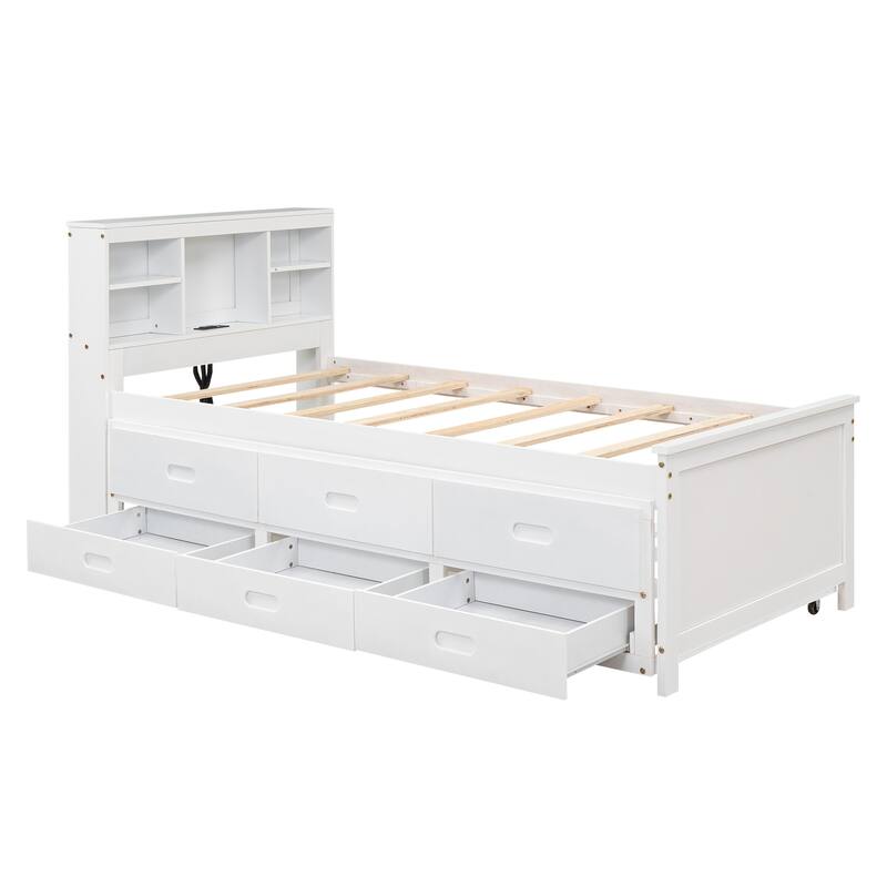 Twin & Full Size Platform Bed with Storage Headboard, USB, Twin Size Trundle and 3 Drawers
