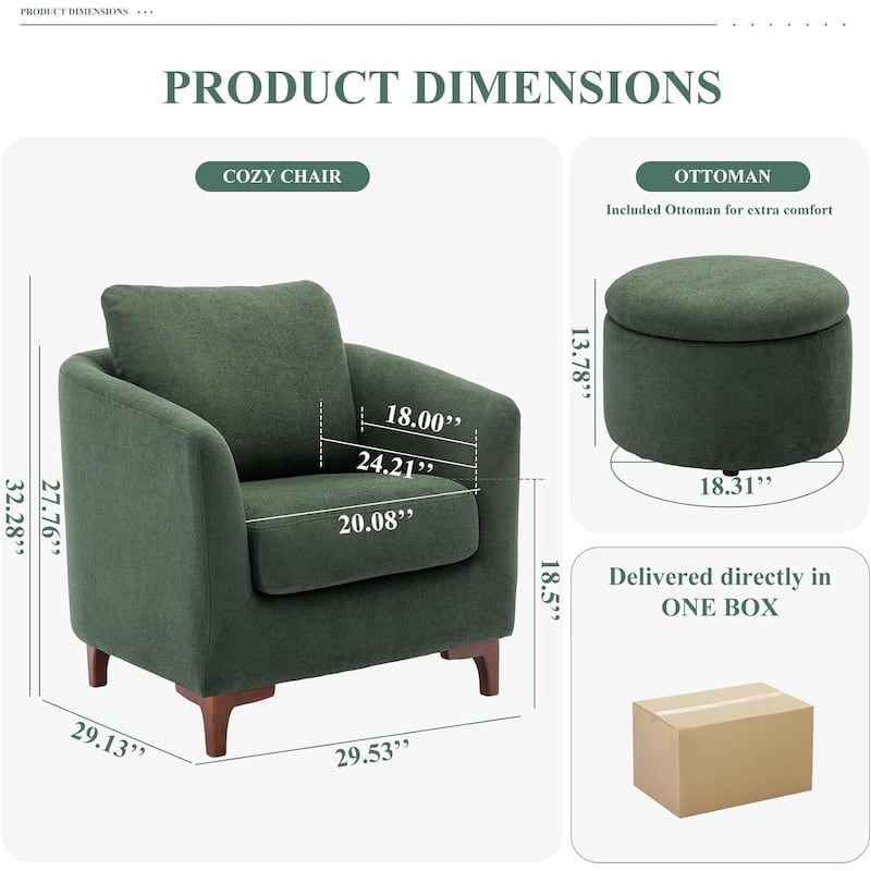 Sherpa Accent Chair with Storage Ottoman Set, Upholstered Barrel Club Arm Chair with Footrest Set of 1/2