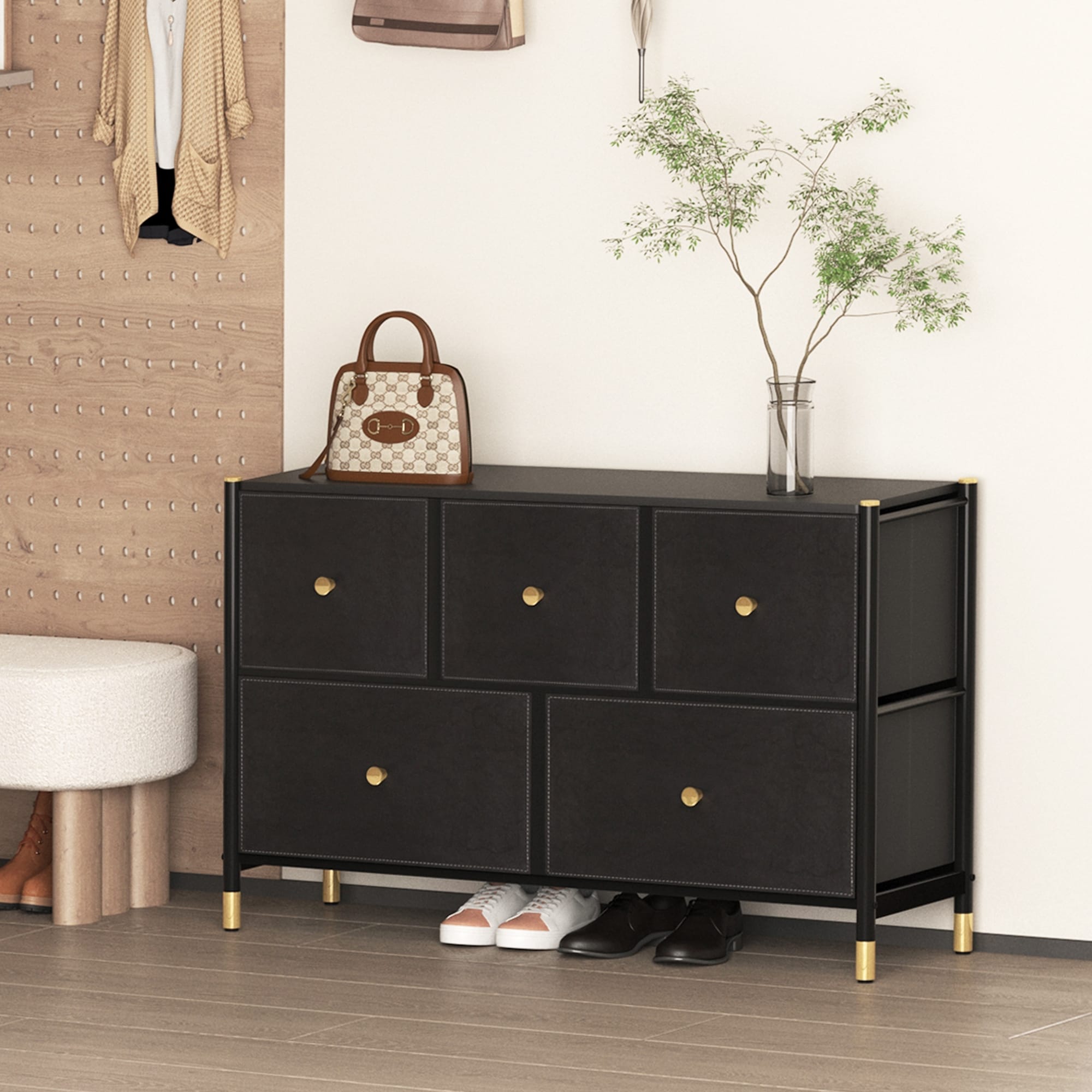 Dresser cabinet with PU Leather Front Drawers, Storage Tower with Fabric Bins