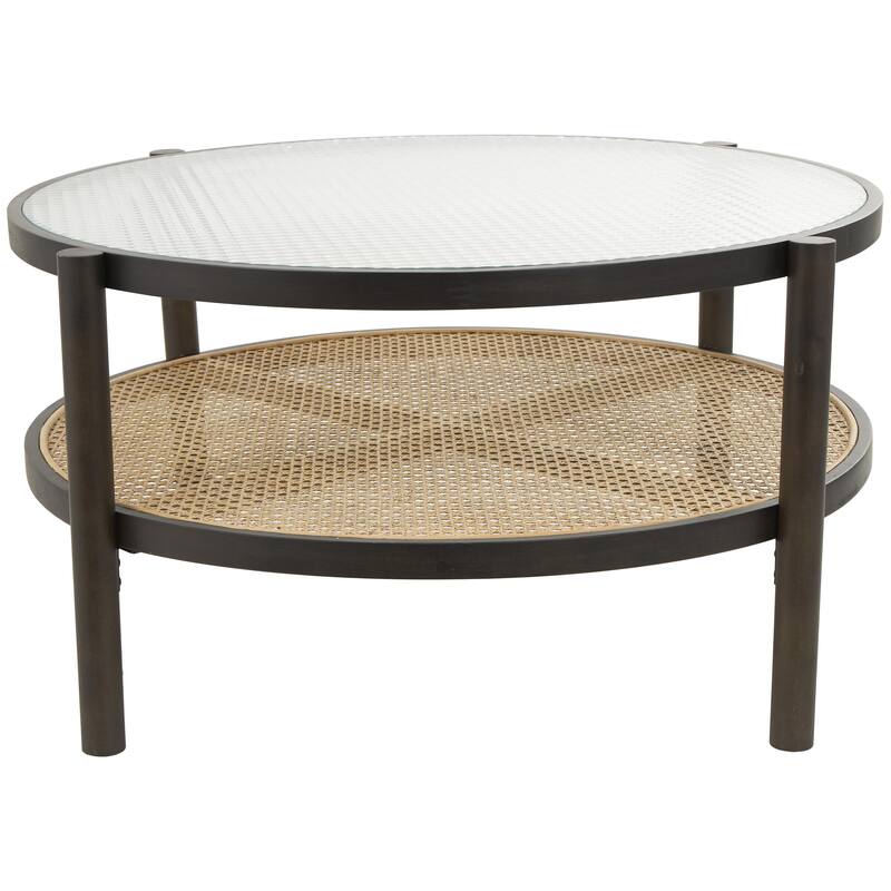 Rattan Living Room Coffee Table with Pressed Tempered Glass Top - Brown - Roche River Decor