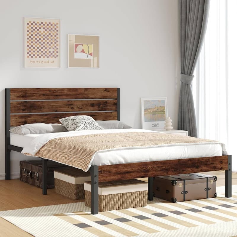 Brown Wood Headboard Platform Bed Frame with Sturdy Metal Design - Full