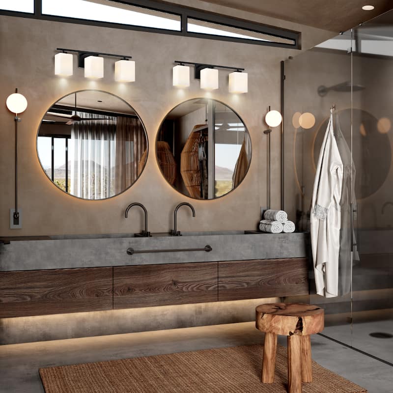 Brushed Nickel Indoor Bathroom Vanity Lights with Etched White Glass Square Rectangle Shades