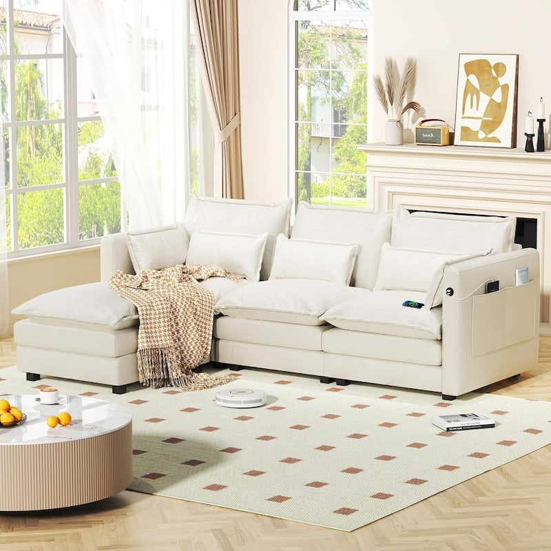 Modular Sectional Sofa L Shaped Couch, 3/4 Seat Sofa Set with Ottoman, Chenille Fabric - Beige-4 Pieces