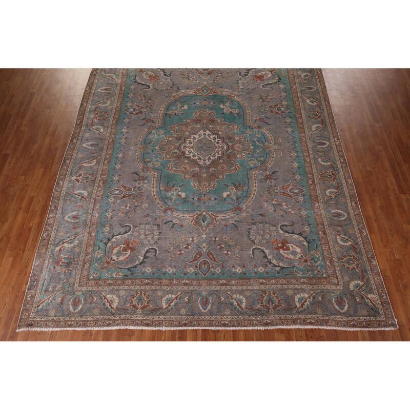 Gray Geometric Tabriz Persian Antique Area Rug Handmade Wool Carpet - 10'1" x 12'7"