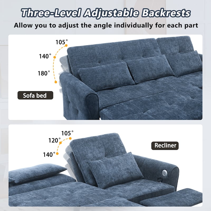 2-in-1 Sleeper Sofa Bed, 3 Seater Sectional Sofa with Pull Out Bed, Reversible Recliner Sofa with Pillows and USB Port