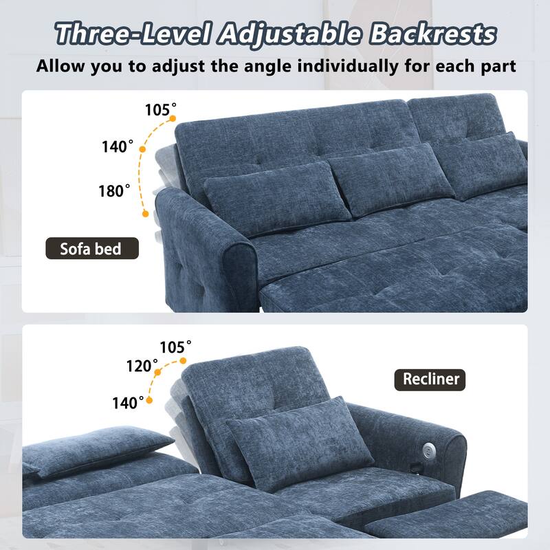 82" 2-in-1 Blue Chenille Sofa with Pull-out Bed, Recliner, and USB Ports