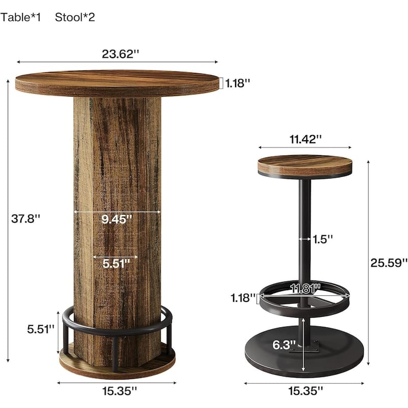 Round Bar Table with Chairs, Industrial Pub Table Bistro Sets with 2 barstools - 11.42" L x 11.42" W x 25.59" H