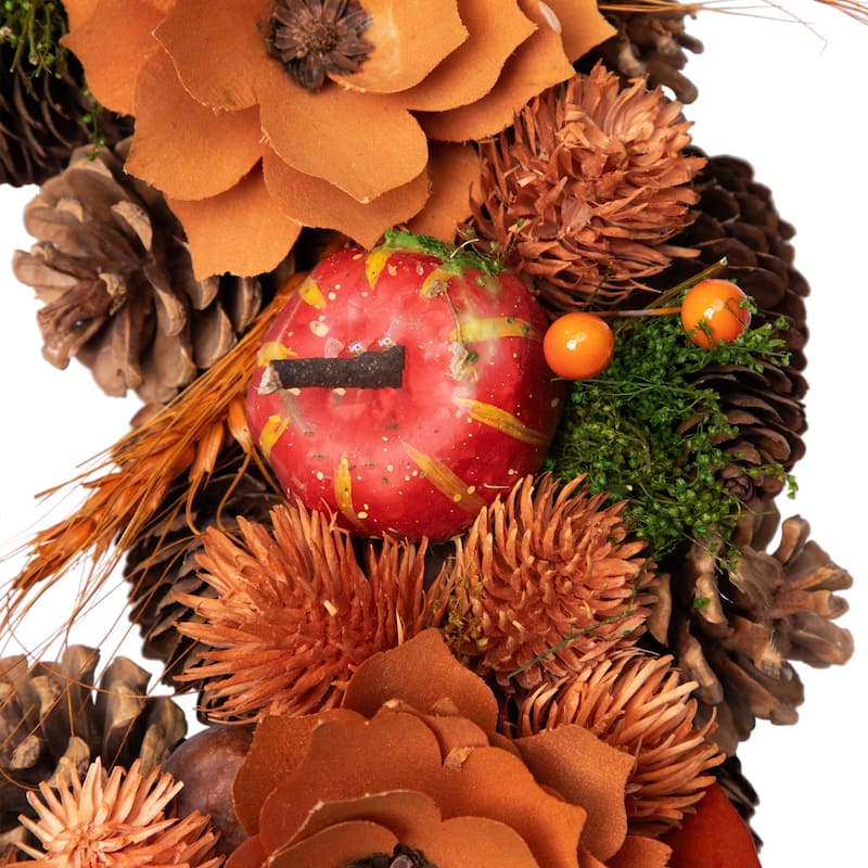 Autumn Harvest Orange Flowers Gourds Pine Cone Wreath 13.25 Inch Unlit