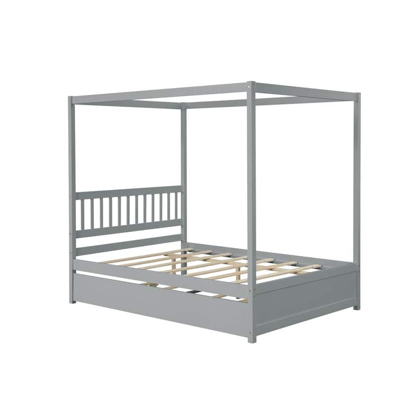 Full Size Canopy Bed with Twin Trundle, Kids Solid Wood Platform Bed Frame w/ Headboard, No Box Spring Needed