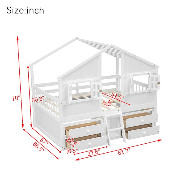 Full Size House-shaped Loft Bed with House Roof Frame Skylight Windows 4 Storage Drawers Guardrails and Stairs for Kids' Room