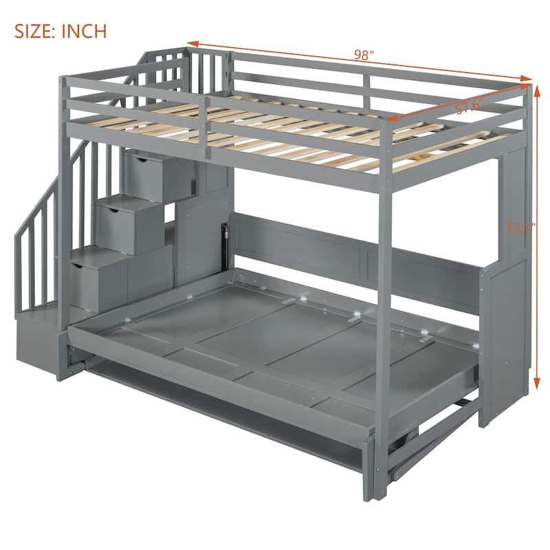 Full Over Full Size Murphy Bed with Hydraulic Lift and Desk Design, Solid Wood Bunk Murphy Bed Frame with Storage Staircase