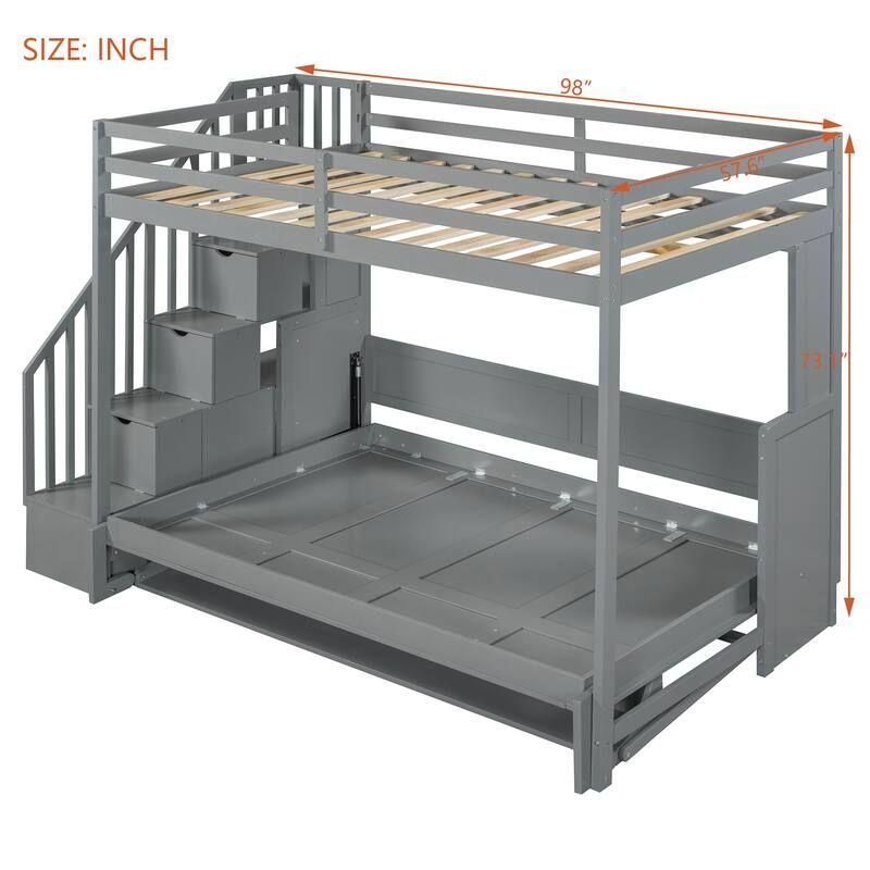 Full Size Wall Murphy Bed with Loft & Bunk Conversion, Hydraulic Lift, Hidden Desk, and Storage Steps