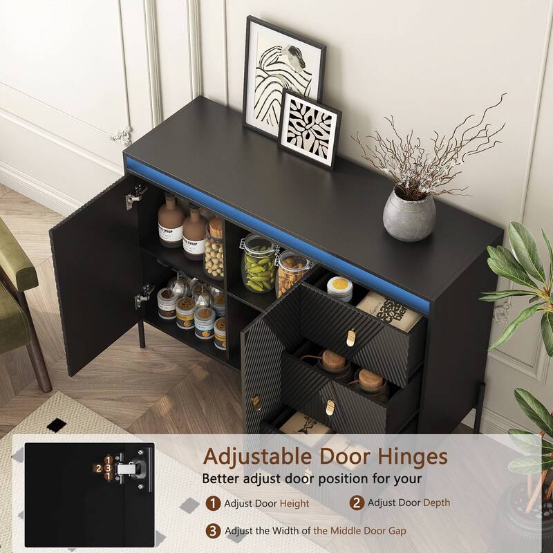 Fluted Sideboard Cabinet with LED Lights, 2 Doors & 3 Drawers, Black Buffet/Sideboard - 3 Doors + 3 Drawers