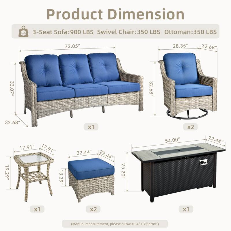 ​​OVIOS 7 Pieces Outdoor Wicker Swivel Chair Set with 54" Fire Table​