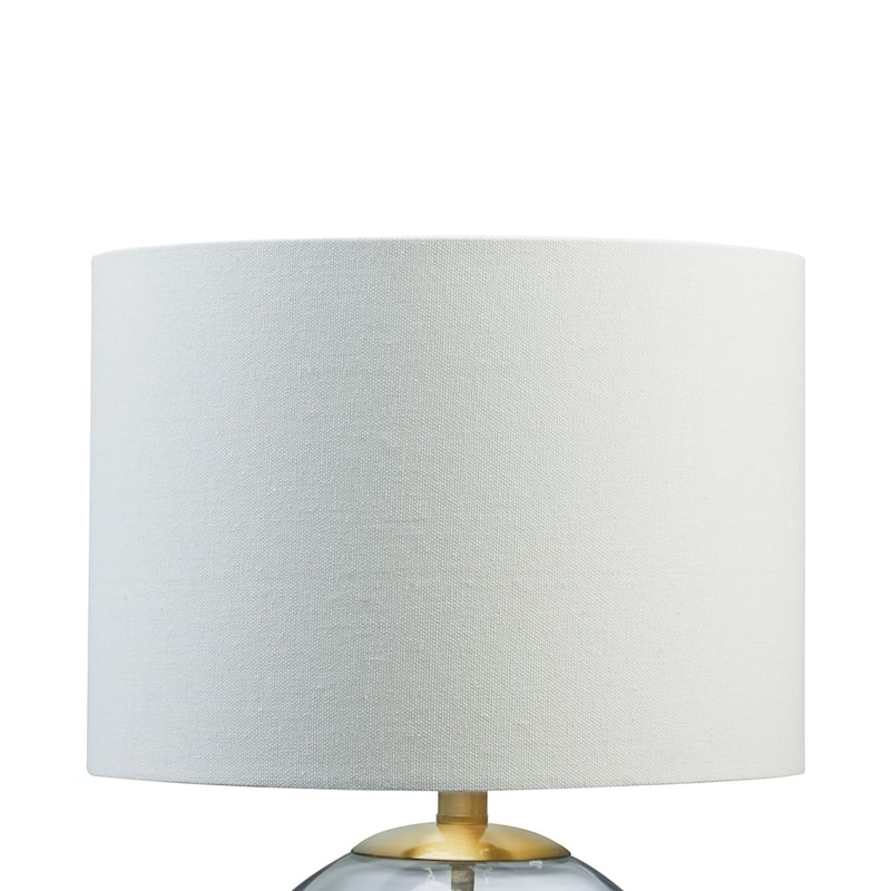 21 Inch Table Lamp, White Drum Shade, Round Clear Glass Base, Brass Metal